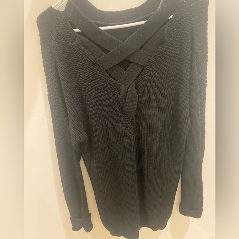 Women's Black Sweater with Crisscross Detail on the Back